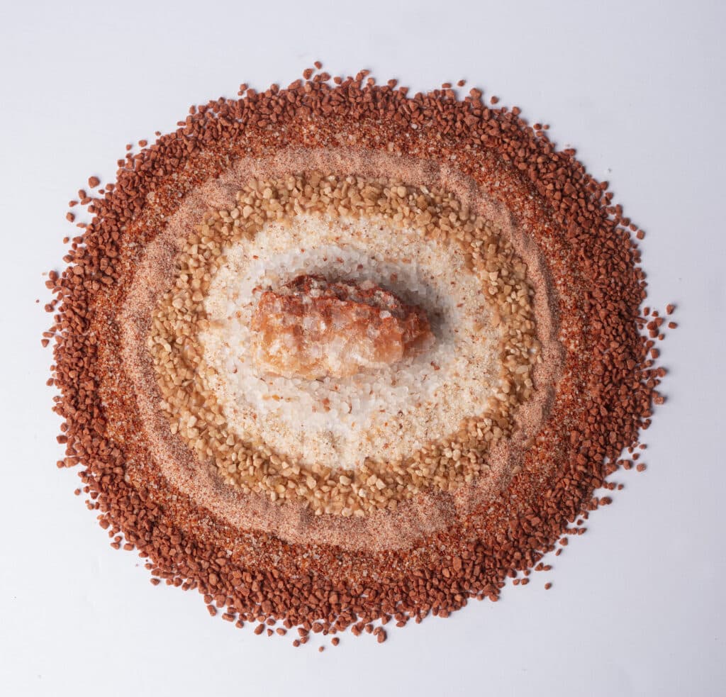 Ground potash of different colours in circles