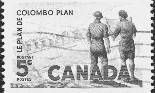 A stamp printed in Canada from the Colombo Plan issue shows Engineers and Dam, circa 1961