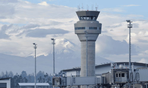 Beautiful outdoor view of the control tower at Mariscal Sucre Quito Airport in Ecuador