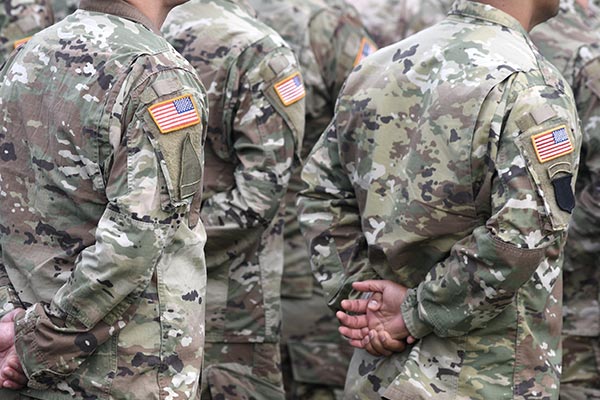 American Soldiers and Flag of USA on soldiers arm. US Army.