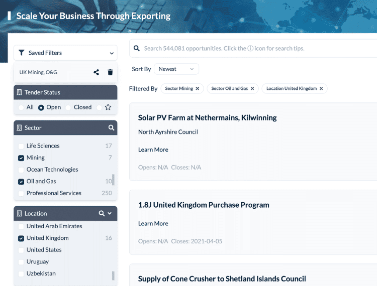 GBOF screenshot for filtering bid opportunities in mining and oil and gas in the UK
