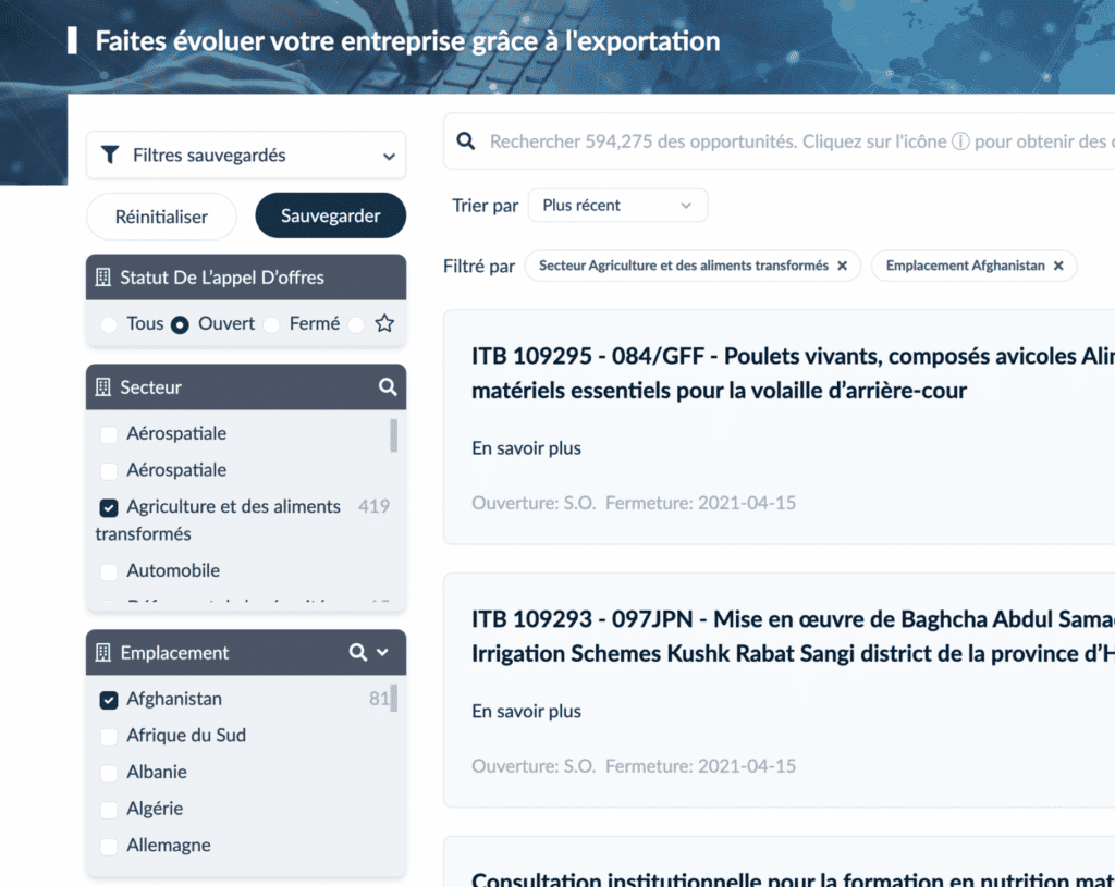 "L’Outil de recherche d’appels d’offres internationaux écran avec offre du gouvernement Opportunités"