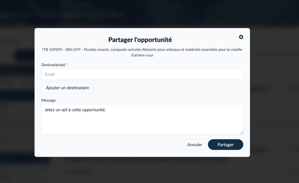 Capture d'écran montrant comment partager des opportunités sur L’Outil de recherche d’appels d’offres internationaux application