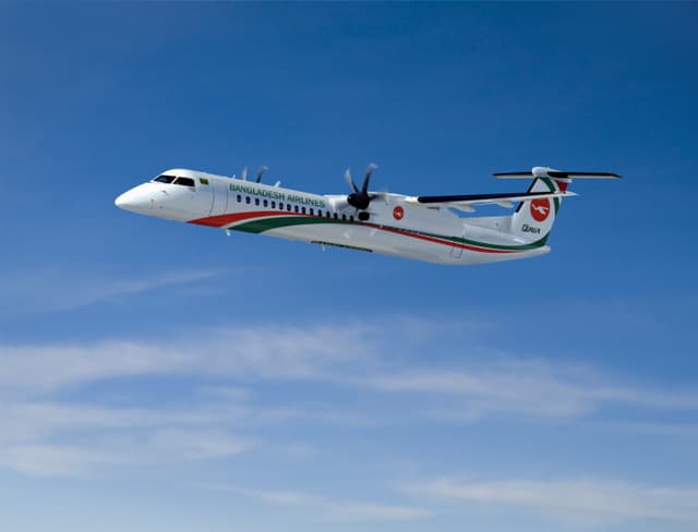 Image of Bombardier Q400 in air, to represent order of 3 aircrafts by Biman Bangladesh Airlines