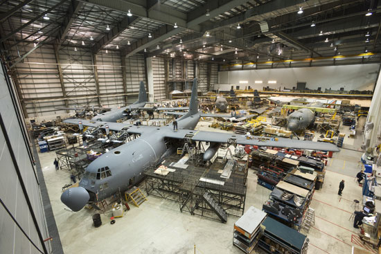 Inside aircraft hanger which serves as the manufacturing facility for Cascade Aerospace's Hercules Aircraft