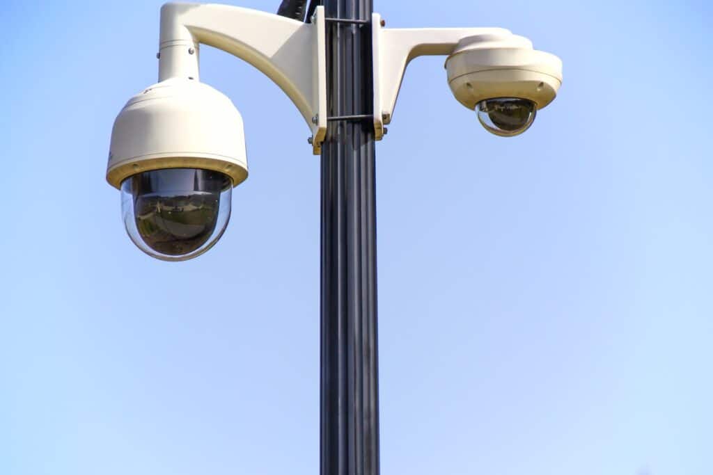 Security cameras mounted on a poll