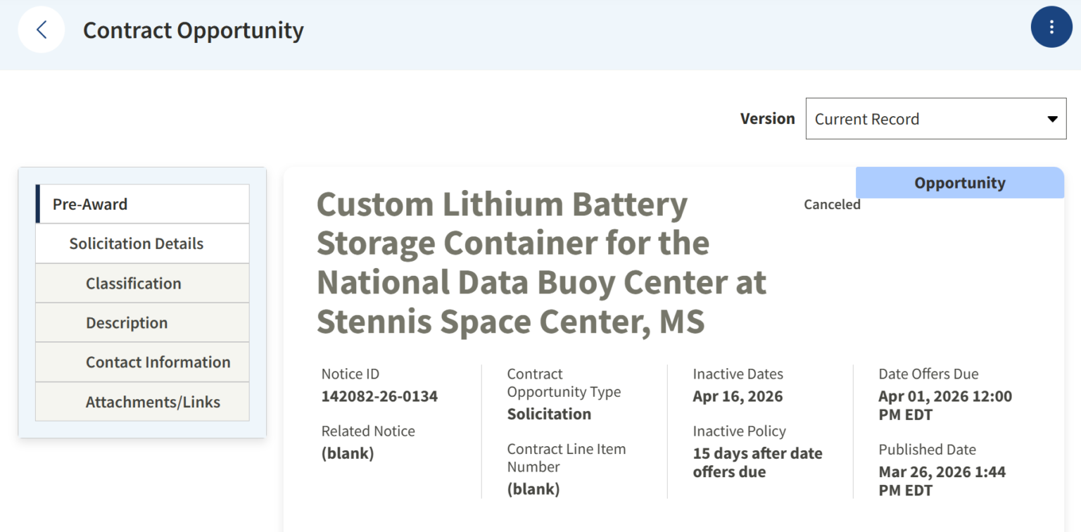 Screenshot of a detailed view of a past solicitation in sam.gov