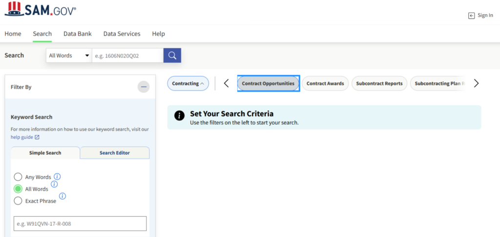 Screenshot showing sam.gov search page