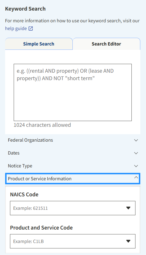 Screenshot of sam.gov keyword search